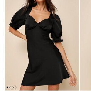 Lulus Medium Black Satin Lace-Up Puff Sleeve Mini Dress